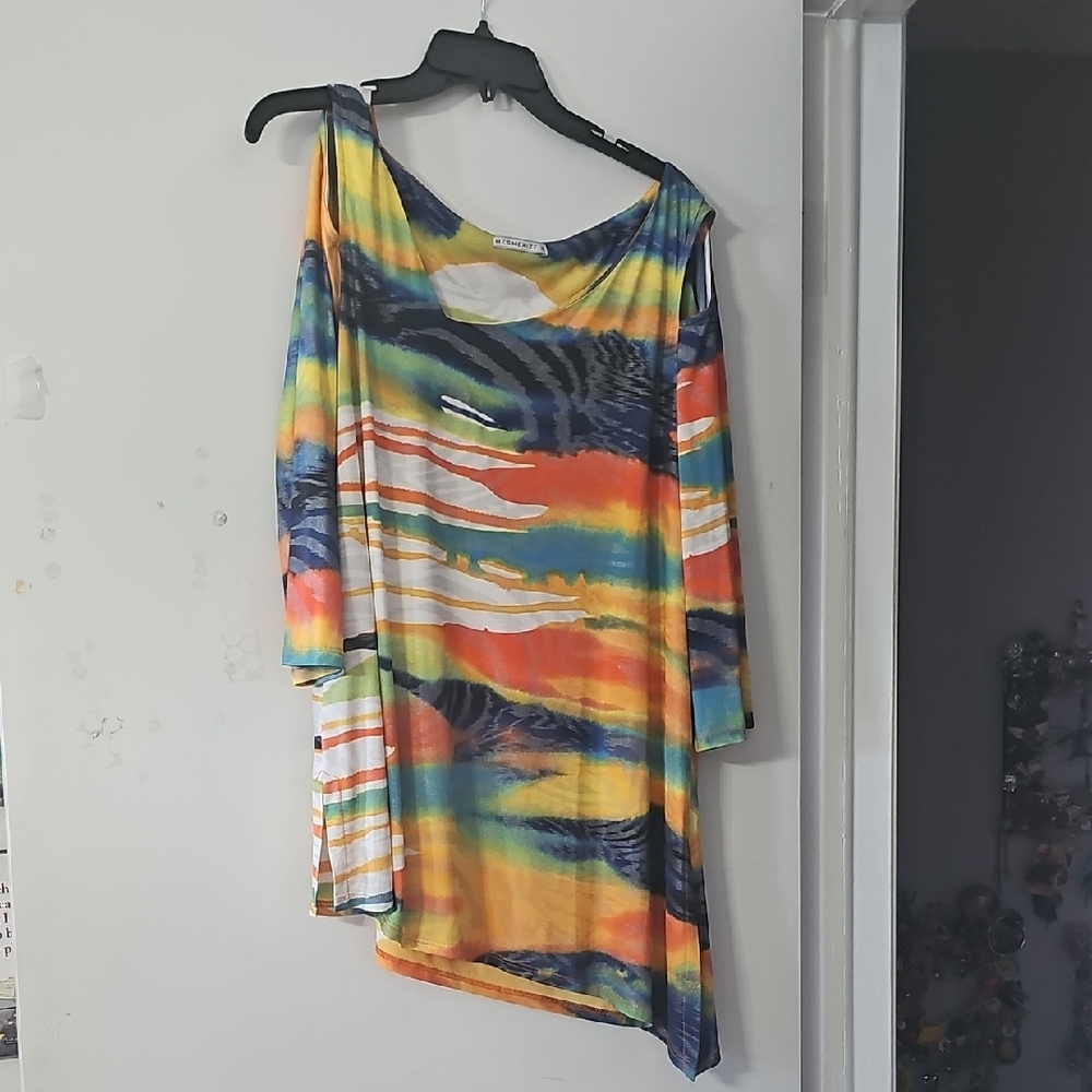 Mesmerize Orange Yellow Asymmetrical Dolman Sleeve Cold Shoulder Top